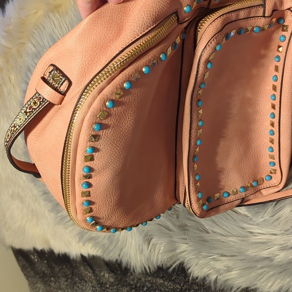 Coral color Urban Expressions backpack with embellishments - Picture 2 of 8